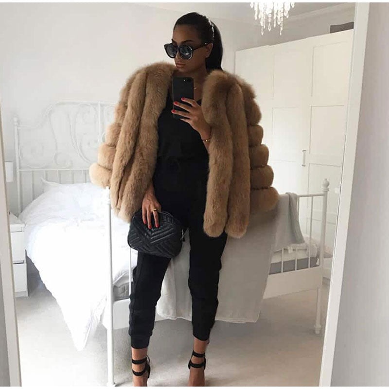 Elegant Windproof Thick Faux Fox Fur Long Coat