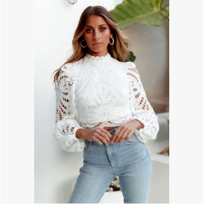 Elegant Long Sleeve Lace Blouse Crochet