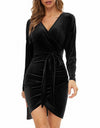 Red V-Neck Slim Belt Velvet Dress