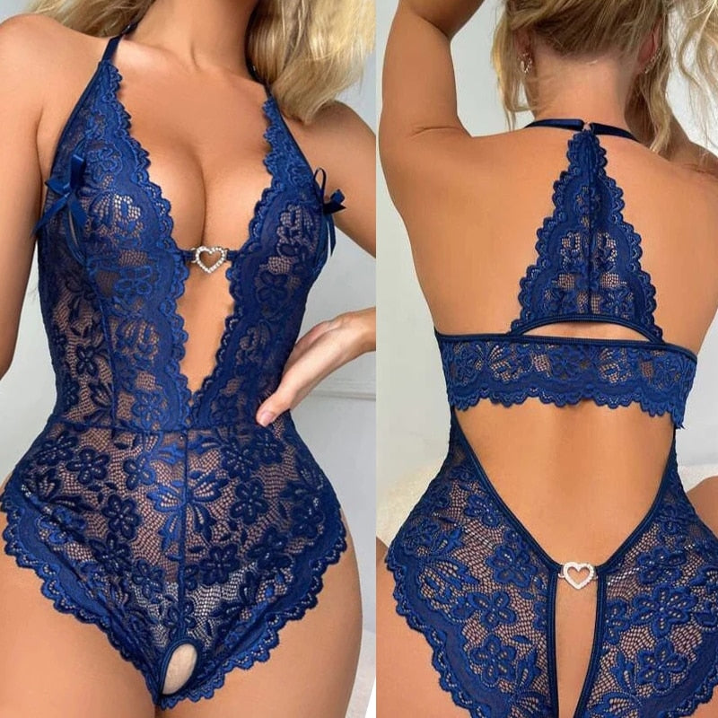 Transparent Lace Sexy V-neck Backless Crotch less lingerie