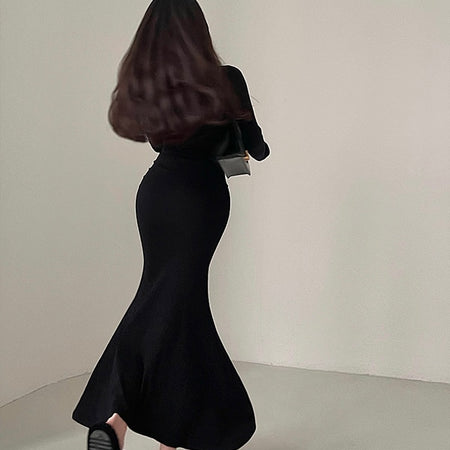 Zipper Lapel Slim V Neck Fishtail Dress