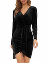 Red V-Neck Slim Belt Velvet Dress