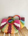 Round Handle Colorful Contrasting Colors Hand-Woven Straw Bag