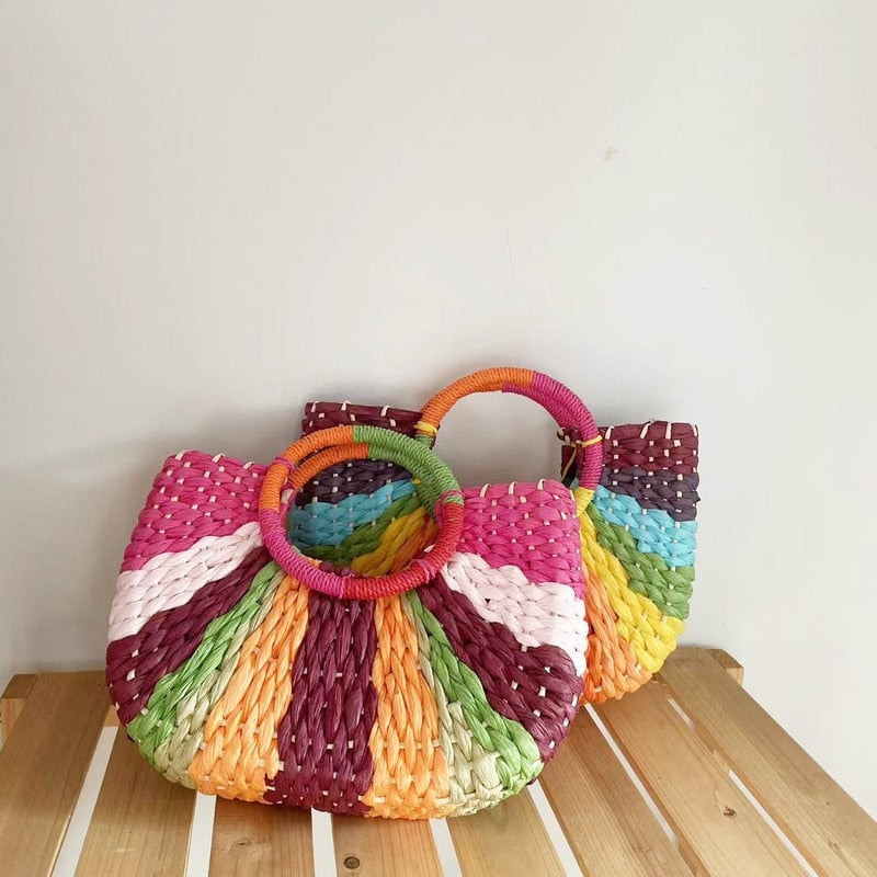 Round Handle Colorful Contrasting Colors Hand-Woven Straw Bag