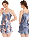 Satin Nightgown Crane Print Sleepwear With Spaghetti Strap