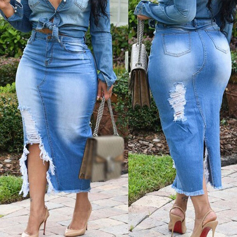 Midi Pencil High Waist Denim Button Skirt