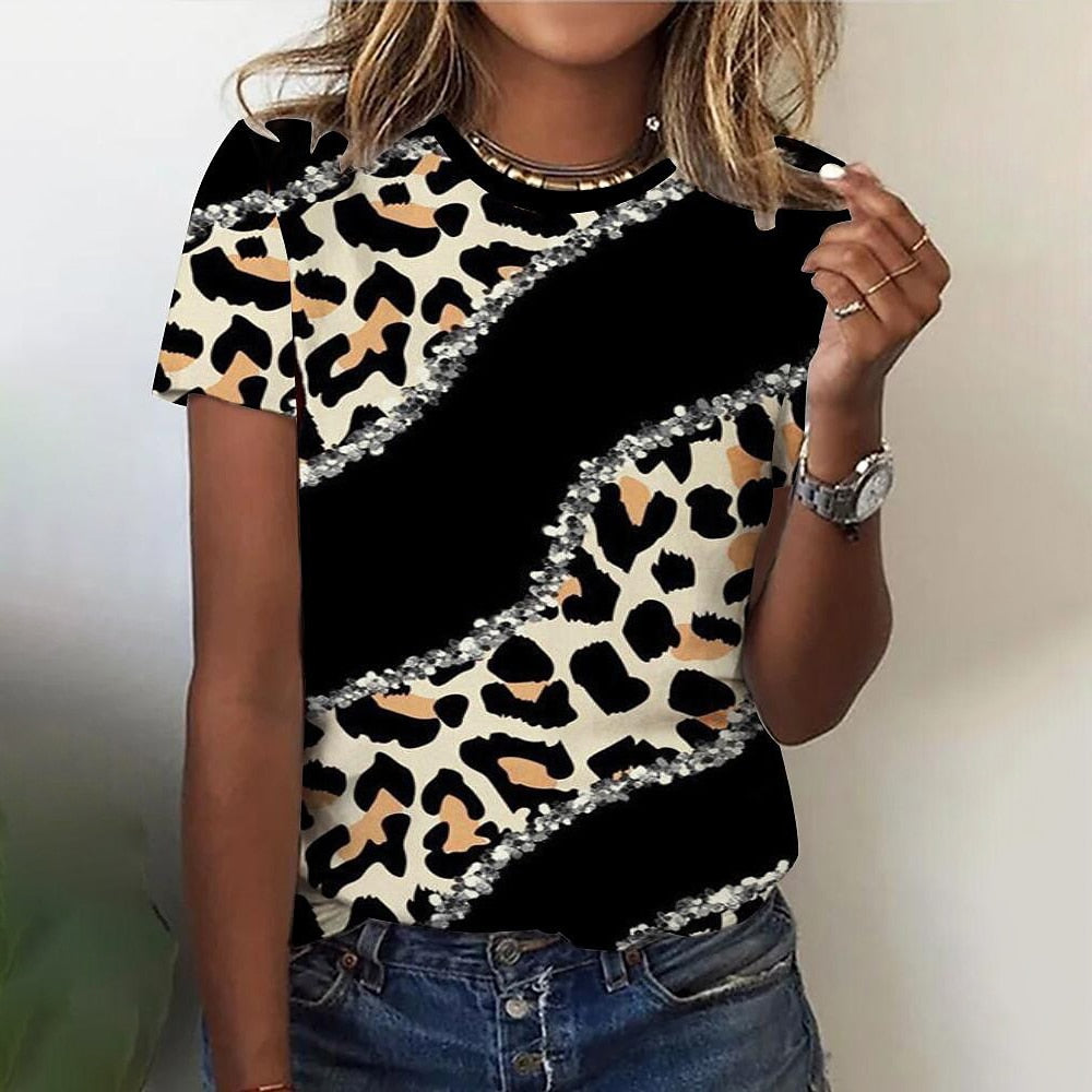 O Neck Leopard Print Short Sleeve Pullover T Shirt