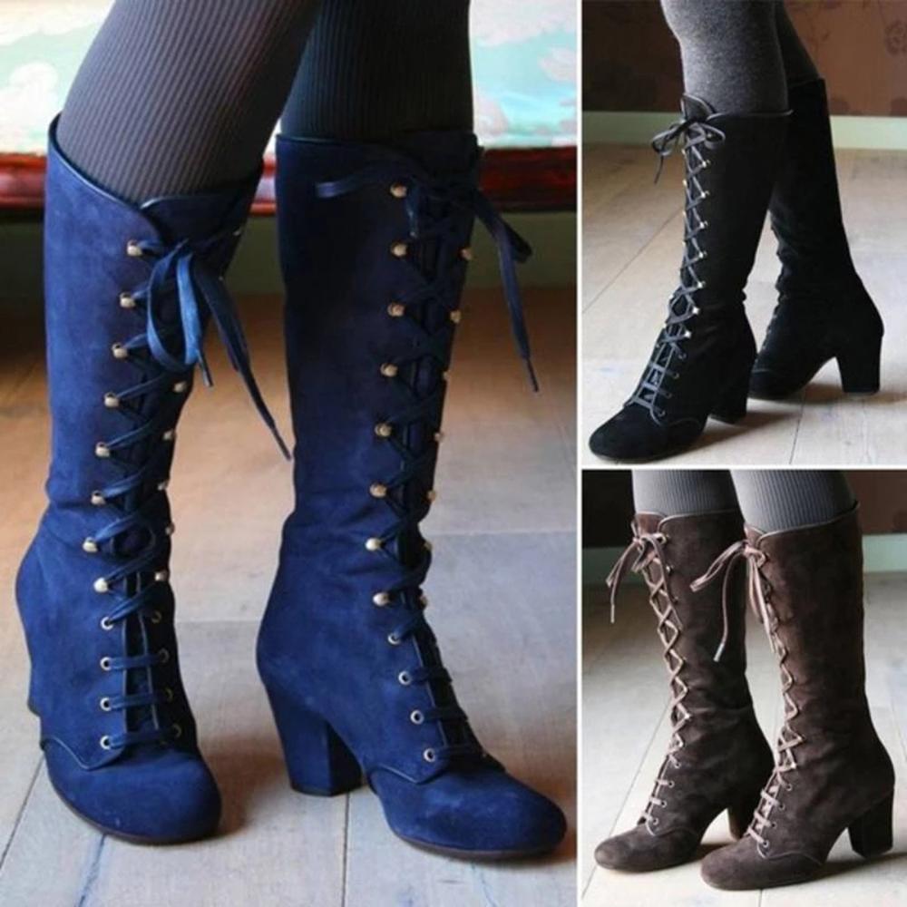 Mid-Calf Lace Up Thick Heels Boots