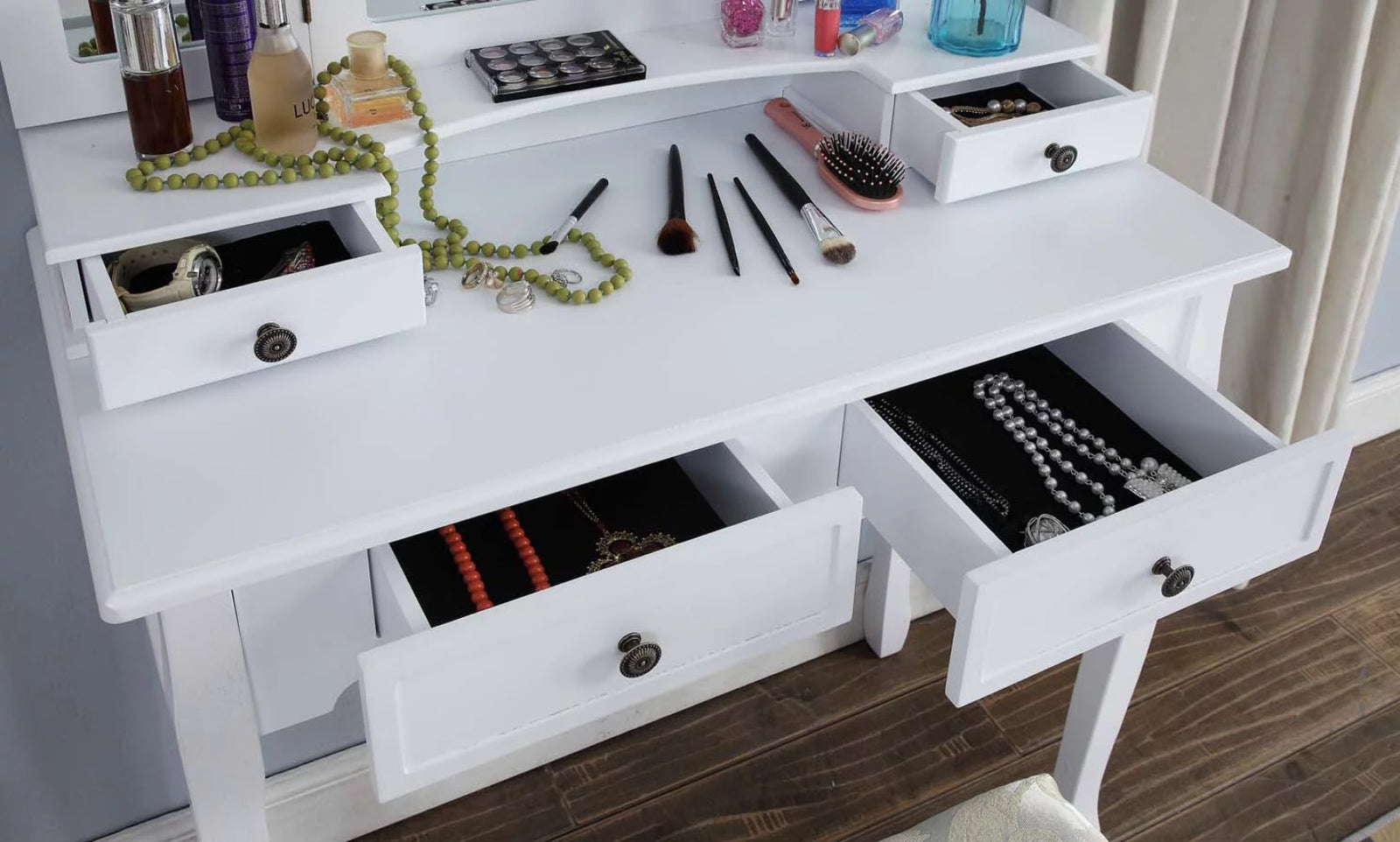 Wooden Vanity Make Up Table and Stool Set With Table Mirrors