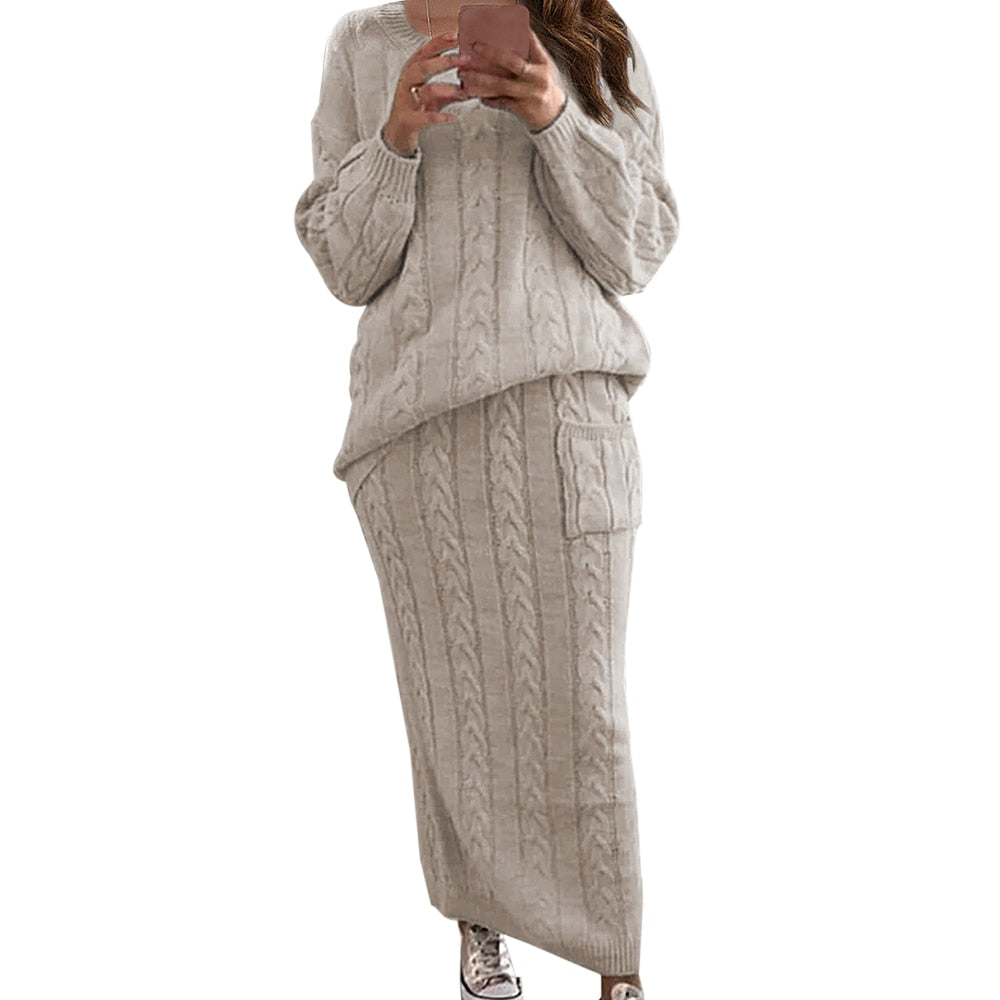 Warm Knitted 2 Piece Pullover Sweater Set