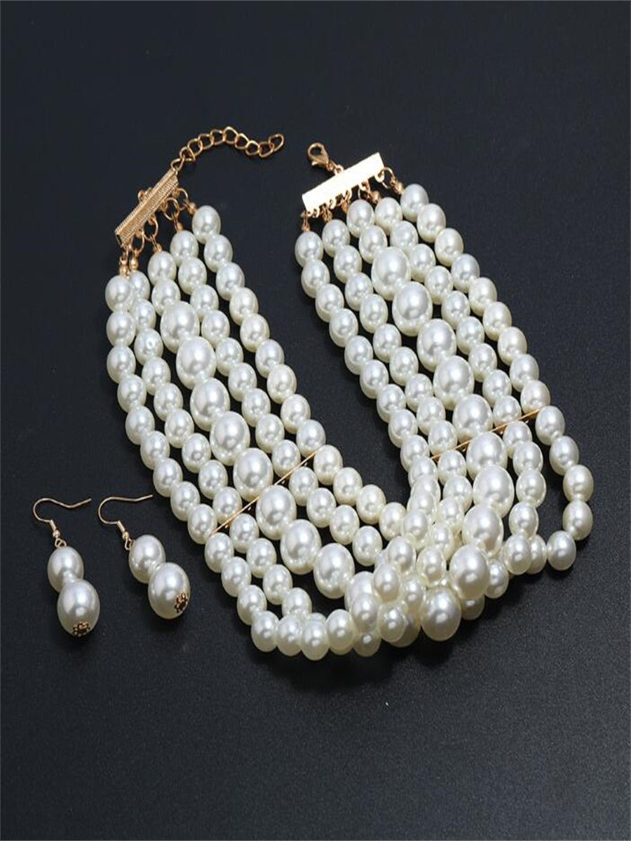 Multi-layer imitation pearl beaded short necklace earring set