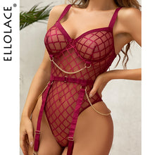 Load image into Gallery viewer, Transparent Crotchless Plaid Bodysuit Lingerie With Chain
