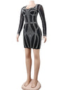 Long Sleeve Sheer Black Rhinestone Dress