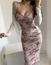 Low Cut Sexy Pleated Printing Floral Long Dress