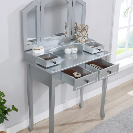 Wooden Vanity Make Up Table and Stool Set With Table Mirrors