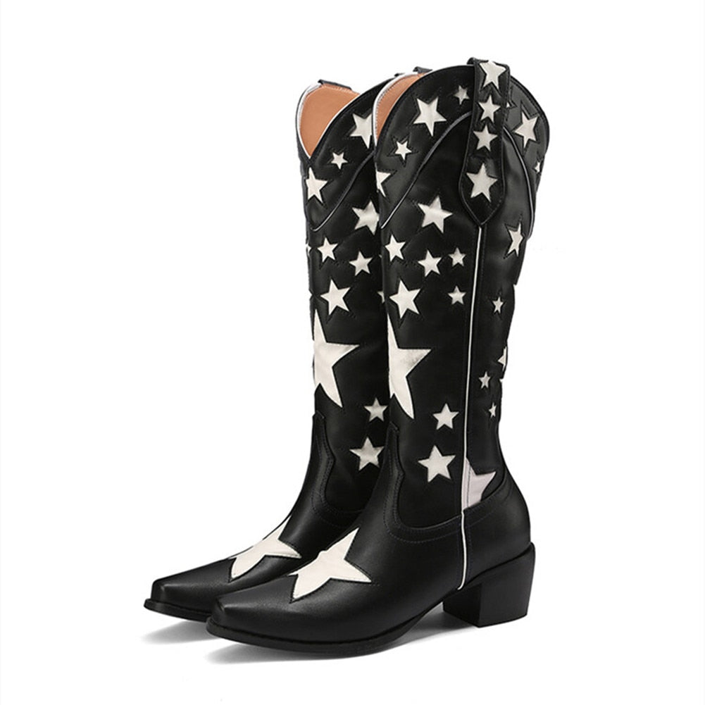 Western New Star Design Slip On Cowgirl Boots Black Brand