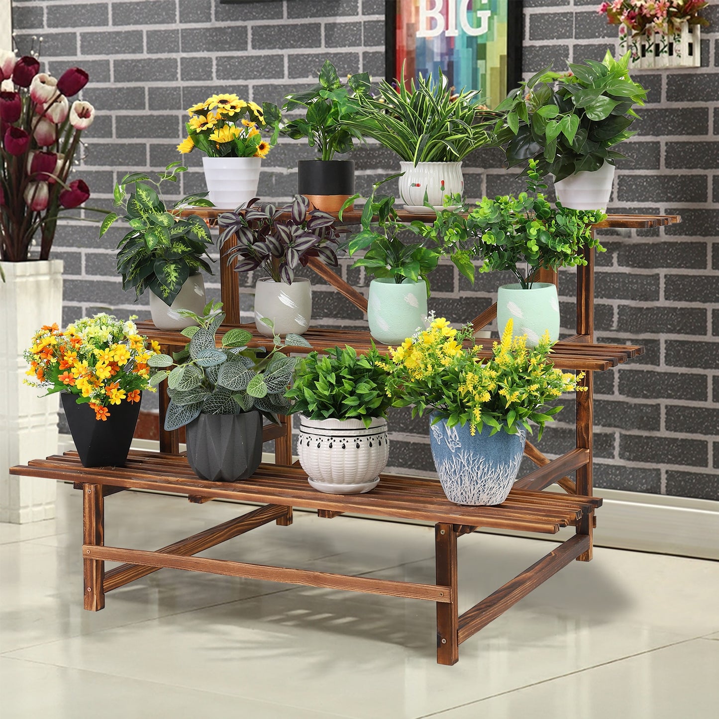 Large 3 Tier Stair Style Wood Plant Stand