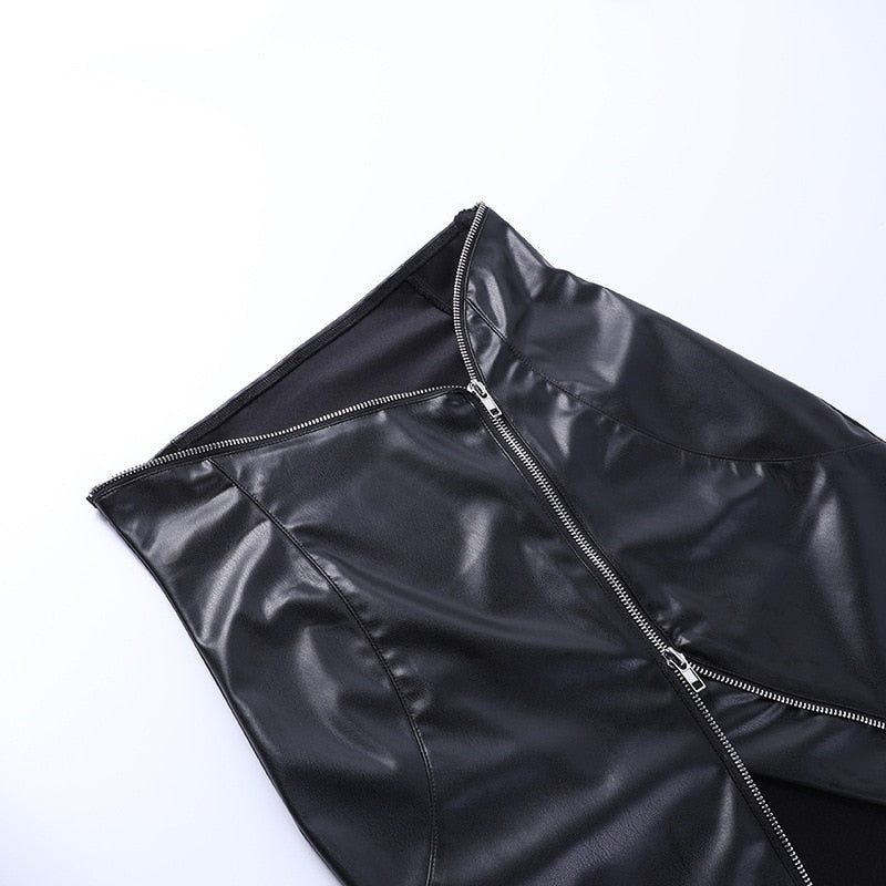 Irregular Faux Leather High Waist A-Line Zipper Skirt