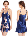 Satin Nightgown Crane Print Sleepwear With Spaghetti Strap