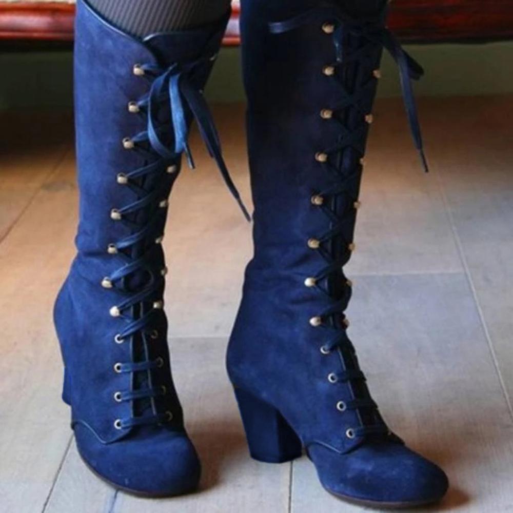 Mid-Calf Lace Up Thick Heels Boots