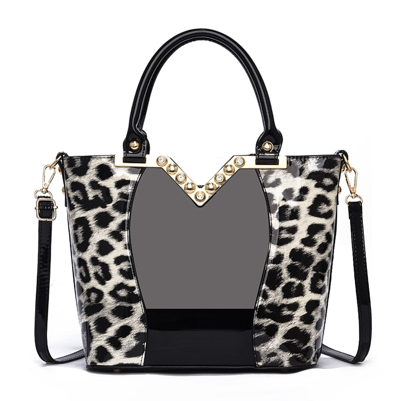 Luxury Brand Leopard Print Patent Leather Tote Handbag