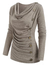 Cowl Neck Mock Button Long Sleeve Marled Top