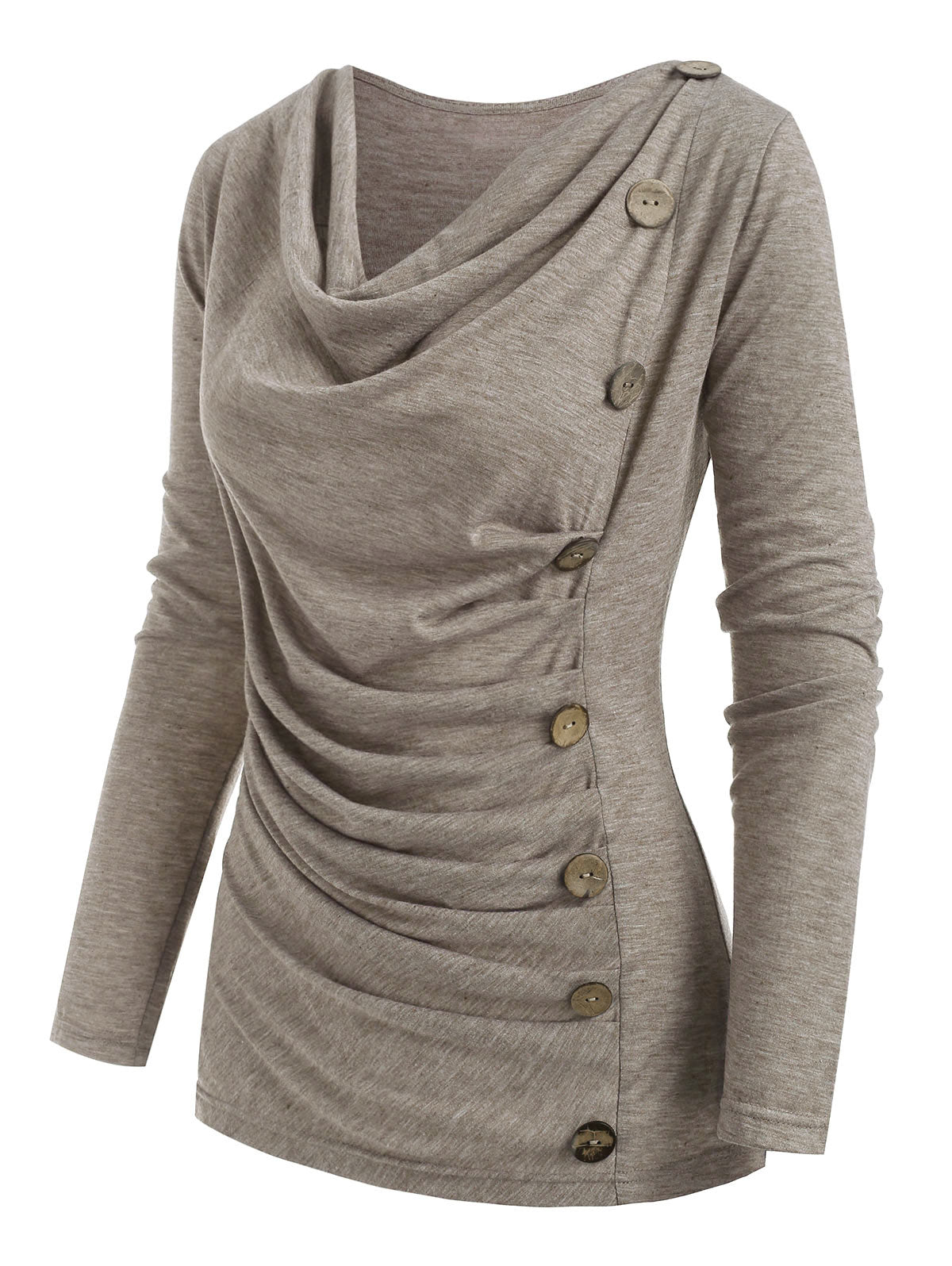 Cowl Neck Mock Button Long Sleeve Marled Top