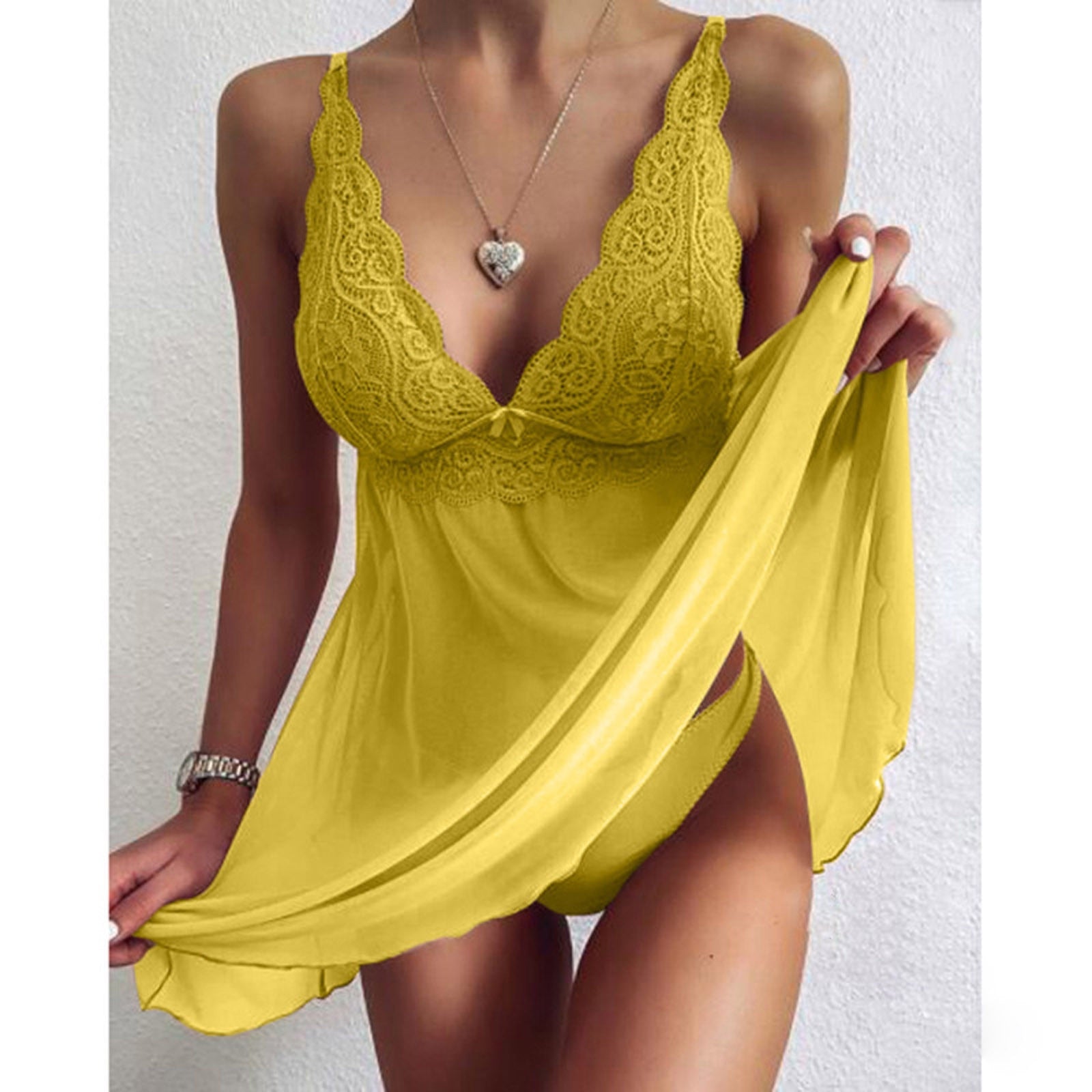 Lace Floral V-neck Strap Night Dress With Thong