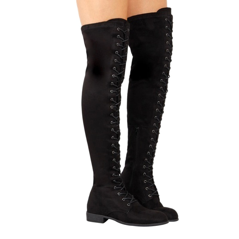 Cross Strap Suede Leather Knee High Boots