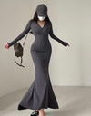 Zipper Lapel Slim V Neck Fishtail Dress
