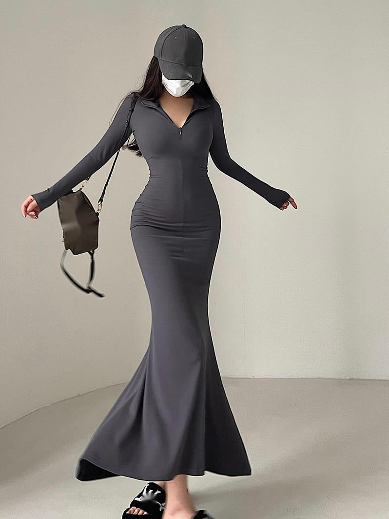 Zipper Lapel Slim V Neck Fishtail Dress