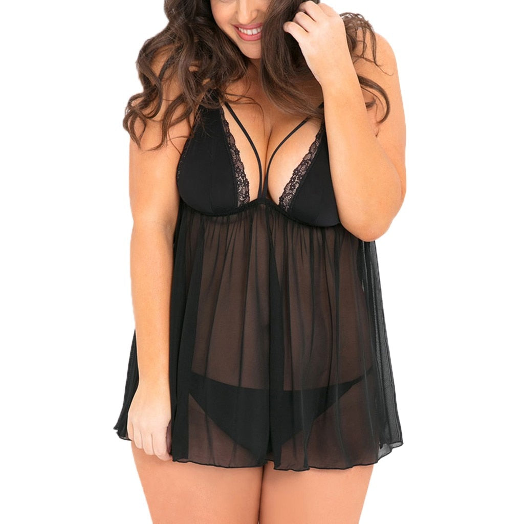 Plus Size Lingerie Floral Lace Night Dress With Thong Set