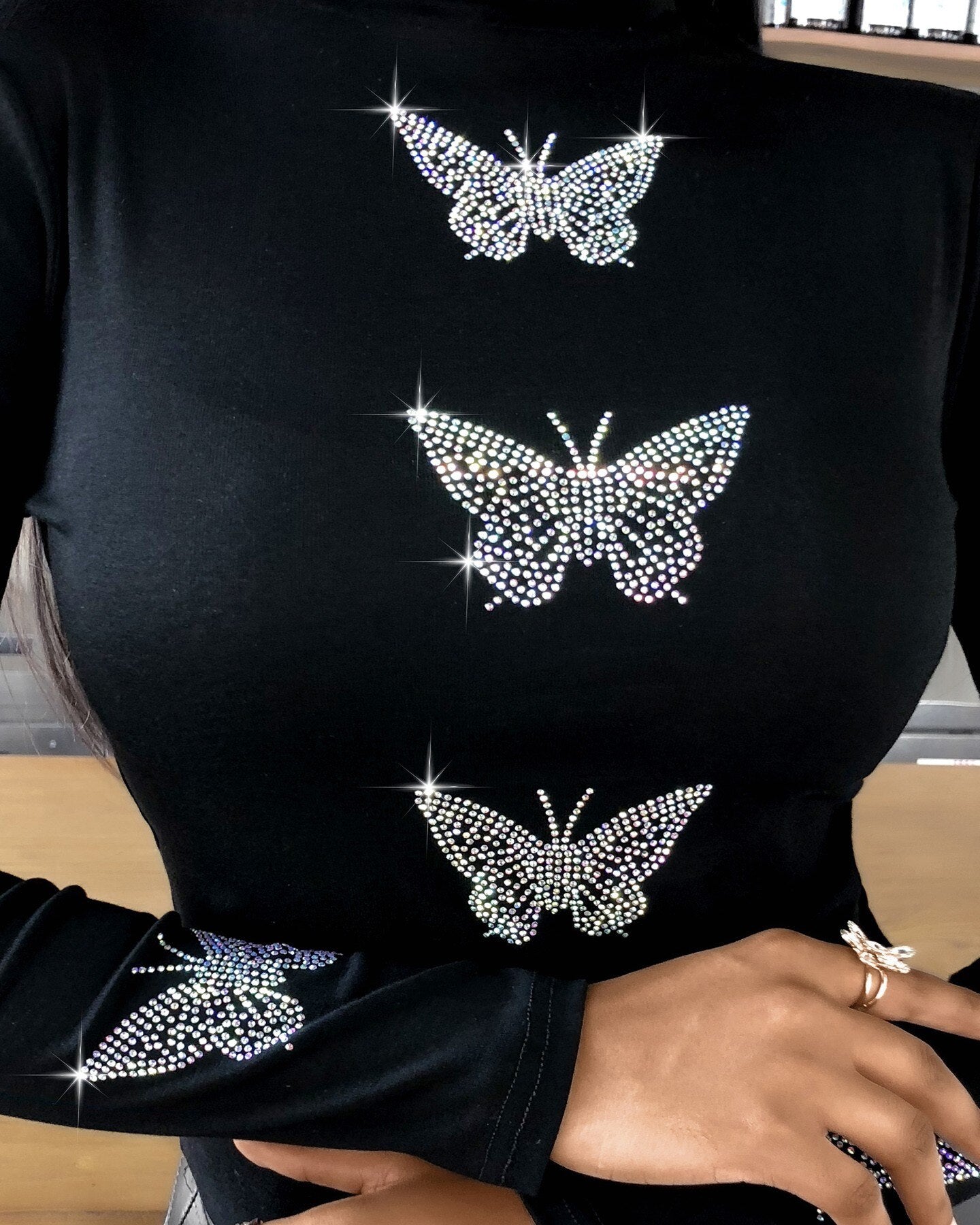 Casual T-shirt  Butterfly Pattern Studded Long Sleeve XS-5XL