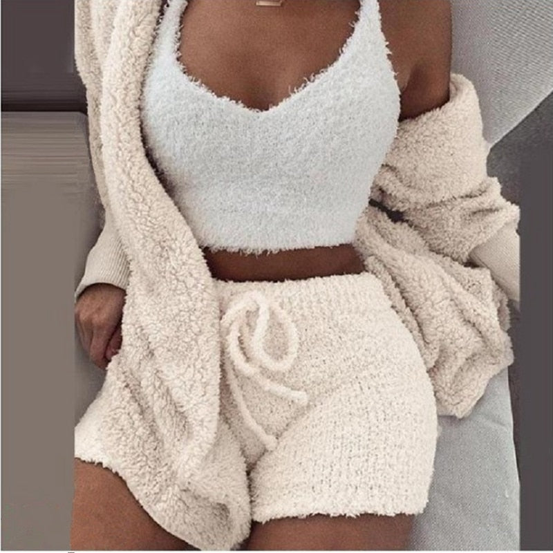 Warm Soft Fleece 3 Pieces Crop Top+Long Pants+Coat