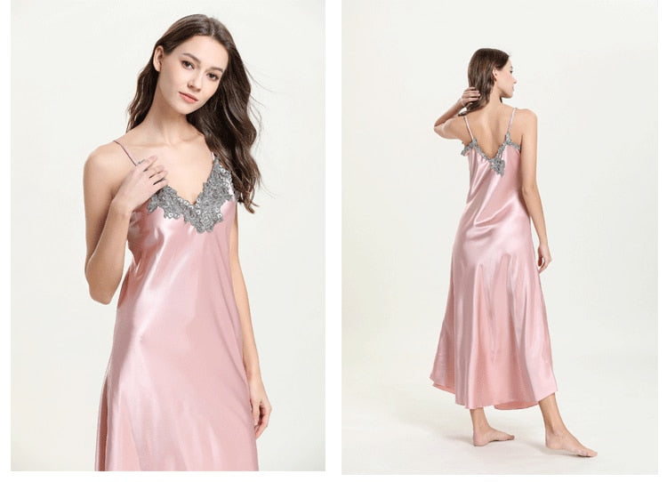 Long Chemise Lace Satin Nightgown