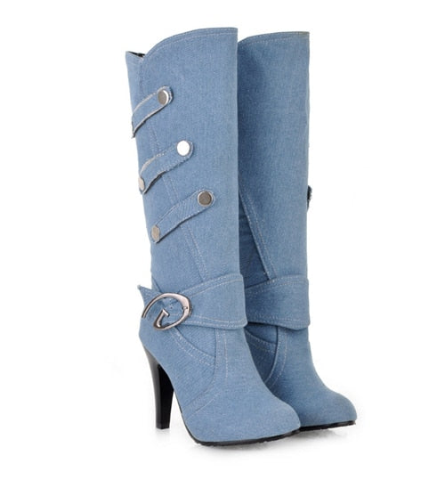 Denim Buckle Knee-High boots