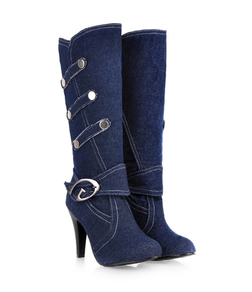 Denim Buckle Knee-High boots