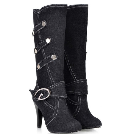 Denim Buckle Knee-High boots