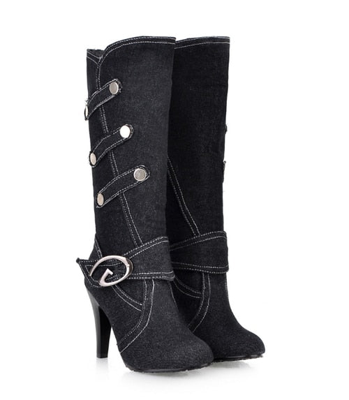 Denim Buckle Knee-High boots