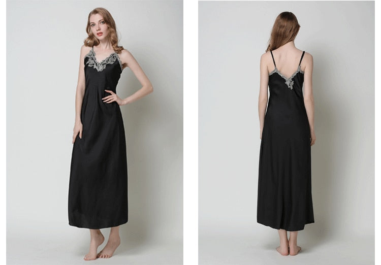 Long Chemise Lace Satin Nightgown