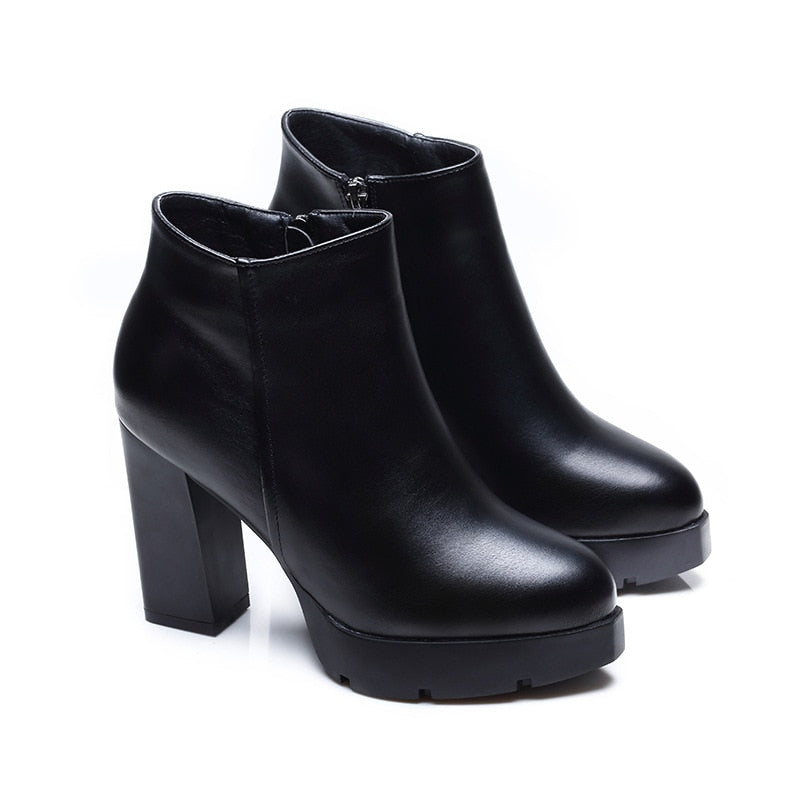 Genuine Leather Martin Black High Heels Zip-Up or Lace-Up - Fashion Damsel