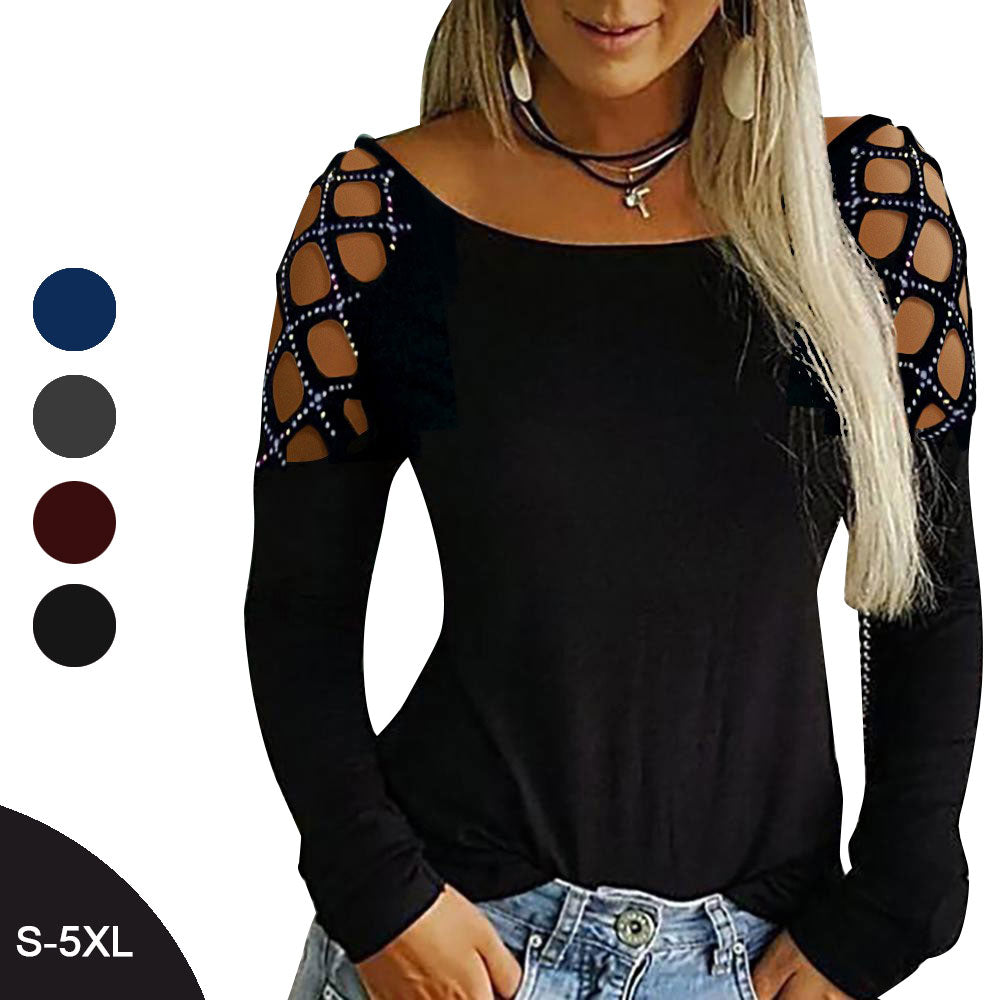Hollow Out Long Sleeve Casual Solid Tops S -5XL