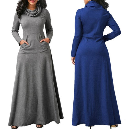Warm Elegant High Collar Long Maxi Dress - Fashion Damsel