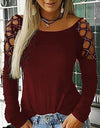 Hollow Out Long Sleeve Casual Solid Tops S -5XL