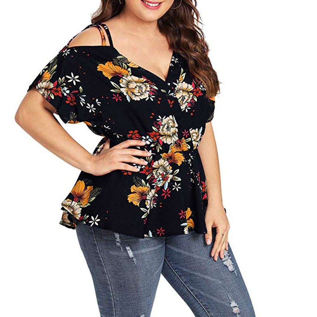 Plus Size Floral Print V-Neck Blouse Blouse