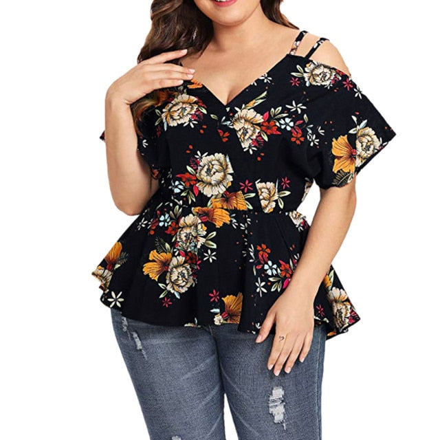 Plus Size Floral Print V-Neck Blouse Blouse