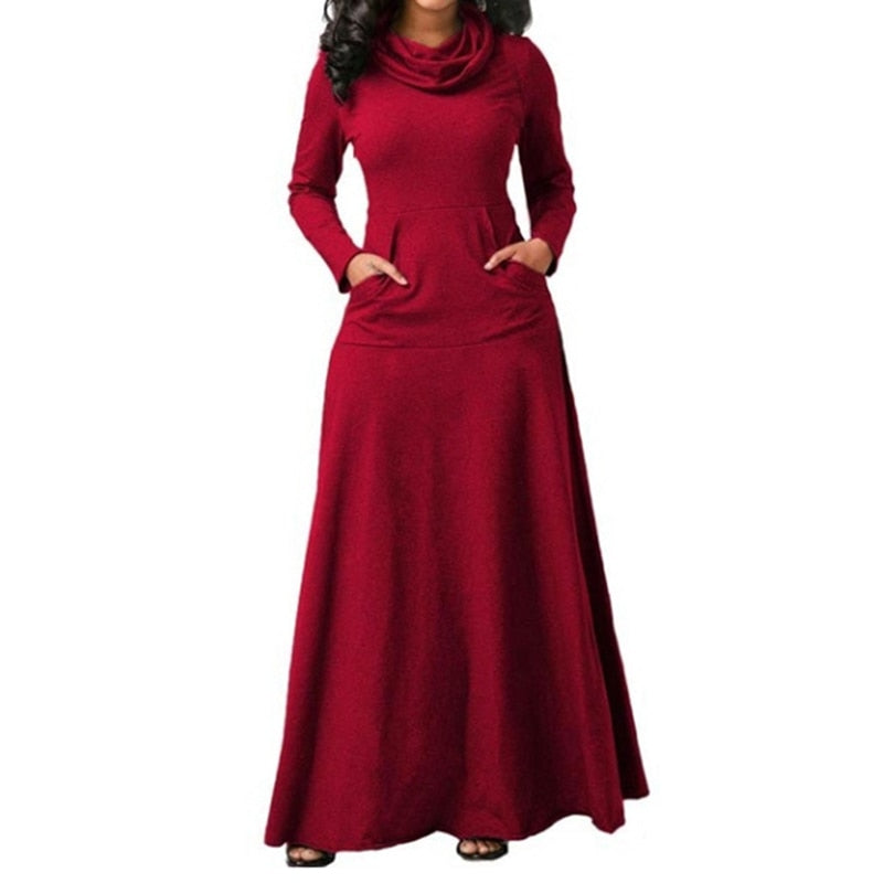 Warm Elegant High Collar Long Maxi Dress - Fashion Damsel