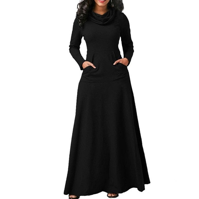 Warm Elegant High Collar Long Maxi Dress - Fashion Damsel