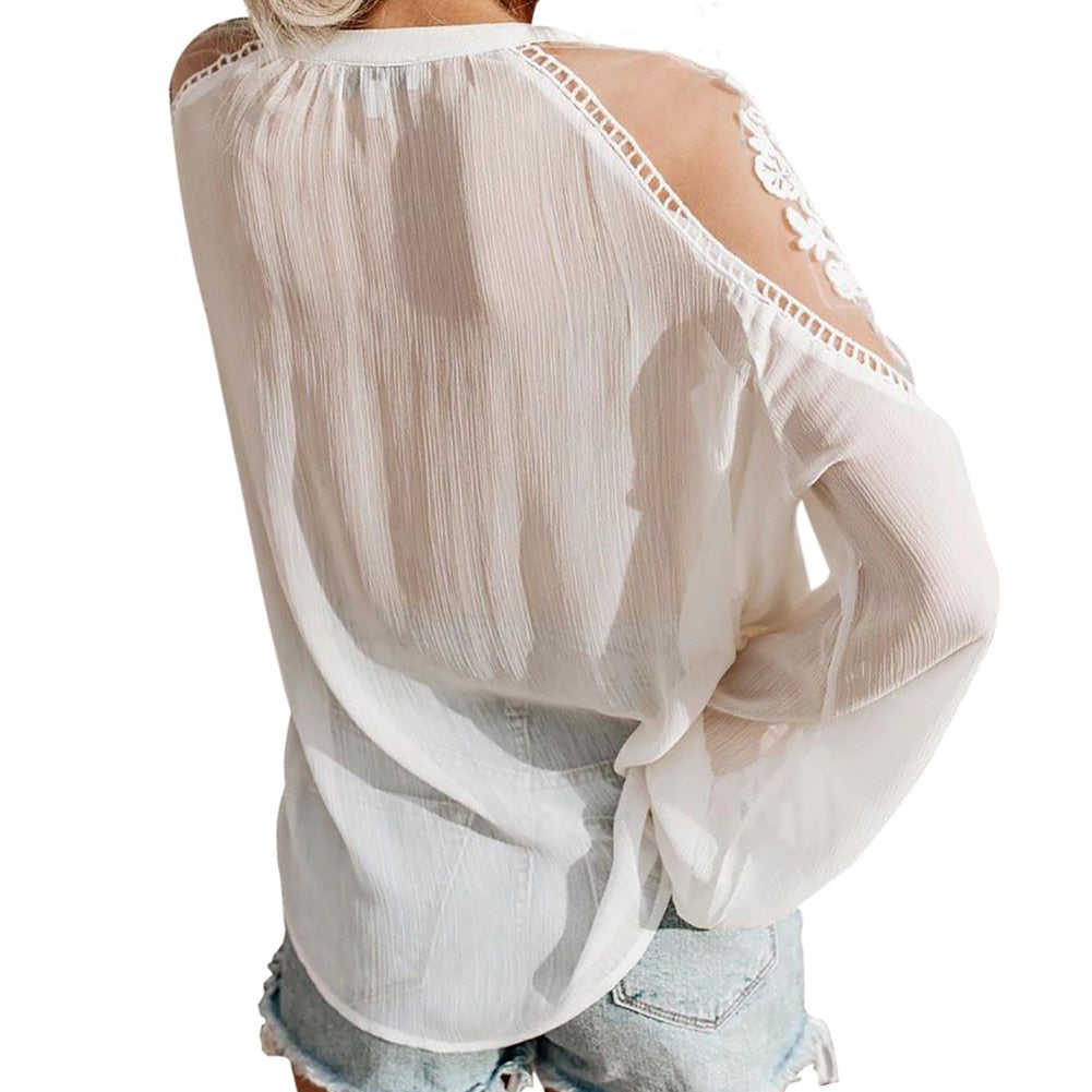 Lace Mesh Casual Long Sleeve Chiffon Blouse