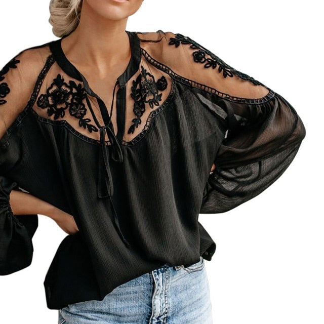 Lace Mesh Casual Long Sleeve Chiffon Blouse